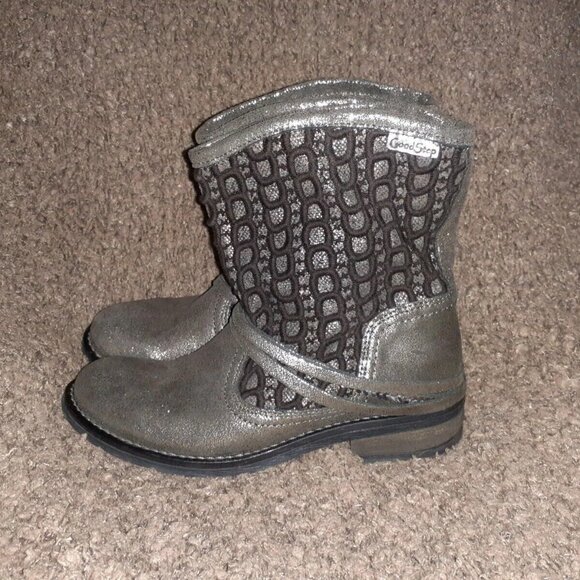 GOODSTEP-Portugal-Silver Crackled Leather/Fabric-Moto Boots-Pull-On-Sz 38-NM - Picture 2 of 7